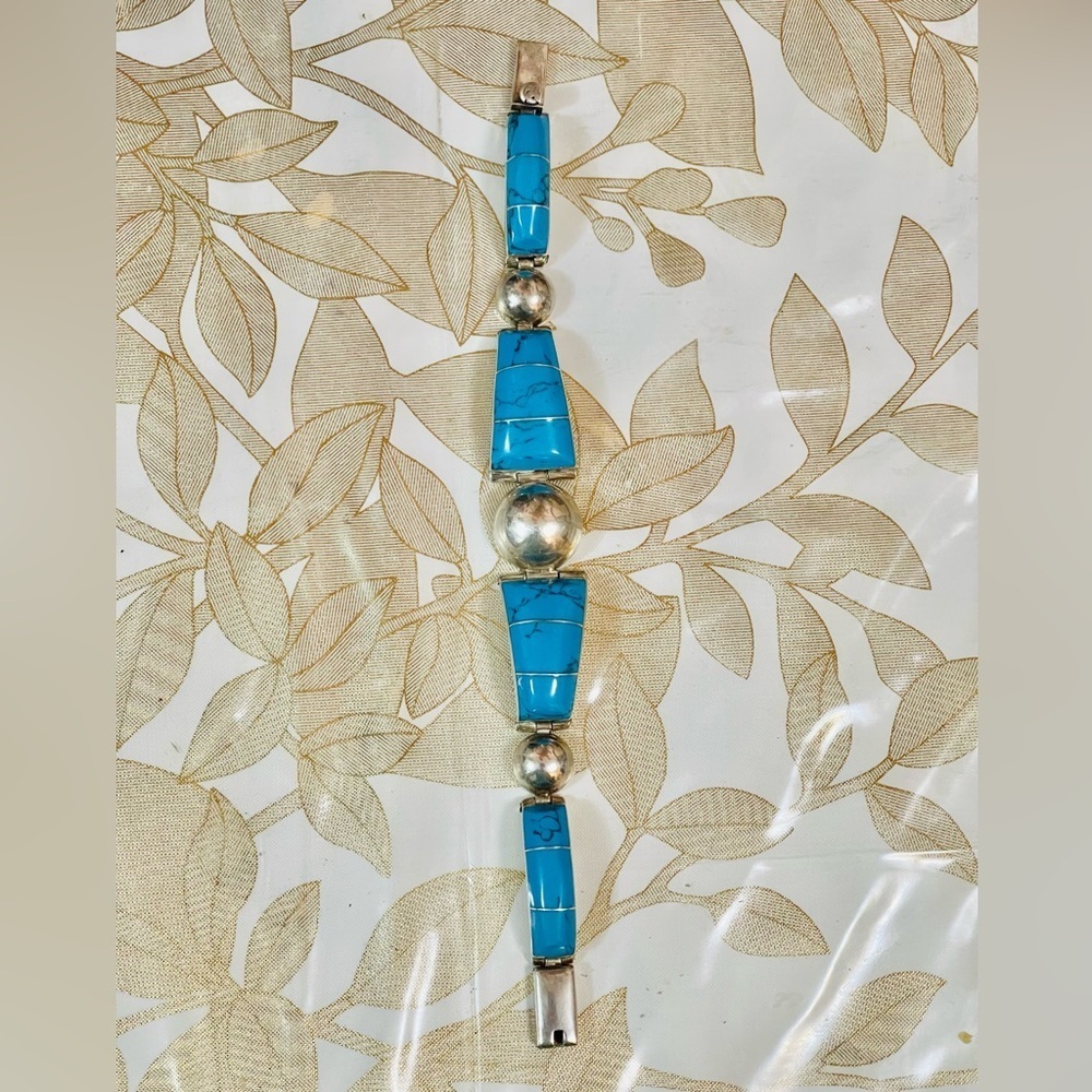 VTG Southwest Navajo? Sterling Silver Turquoise Inlaid Bracelet Sz 7.5 38 G